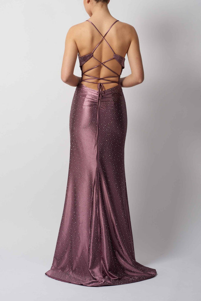 Back view of Mascara MC11515 Satin Gown - Navy Tie Back featuring crisscross adjustable straps and ruched detailing for a flattering silhouette.