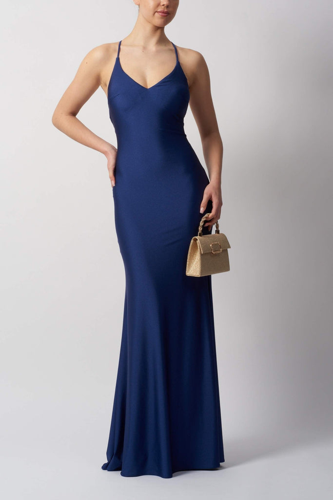 Chic Jersey Dress - Mascara Wine Tie Bra in deep blue with a flattering V-neck and body-hugging fit, ideal for prom or bridesmaid occasions.