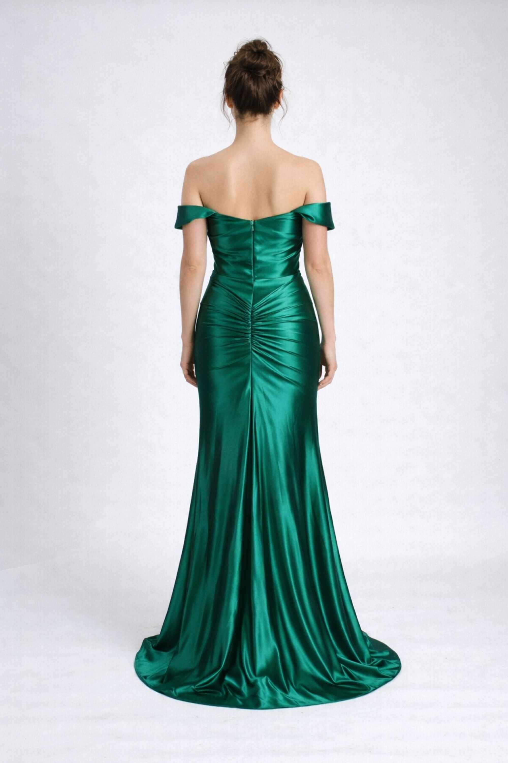 Ruby Green Off-Shoulder Satin Evening Dress - Jessica Stuart Ruby Green Off-Shoulder Satin Evening Dress - Jessica Stuart