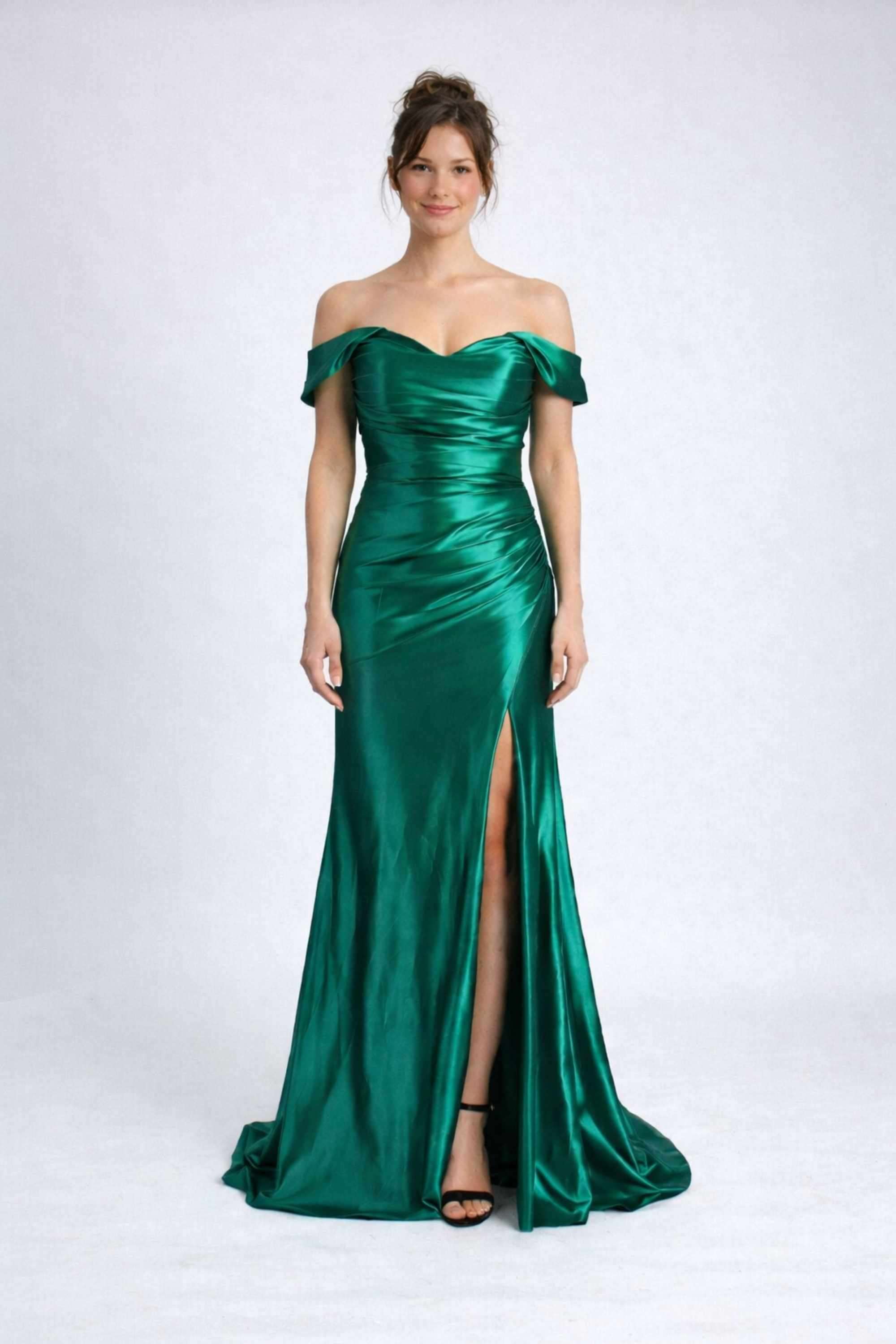 Ruby Green Off-Shoulder Satin Evening Dress - Jessica Stuart Ruby Green Off-Shoulder Satin Evening Dress - Jessica Stuart