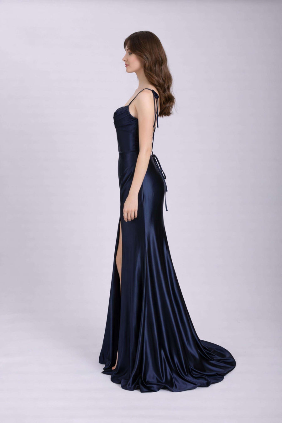 knee length dresses for ladies Navy KELLIE Corset Satin Prom Dress