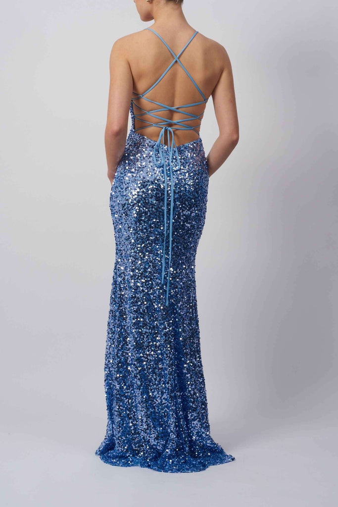 Violet Tie Back Sequin Dress by Mascara London featuring a crisscross open back and full-length shimmering sequins, ideal for glamorous events.