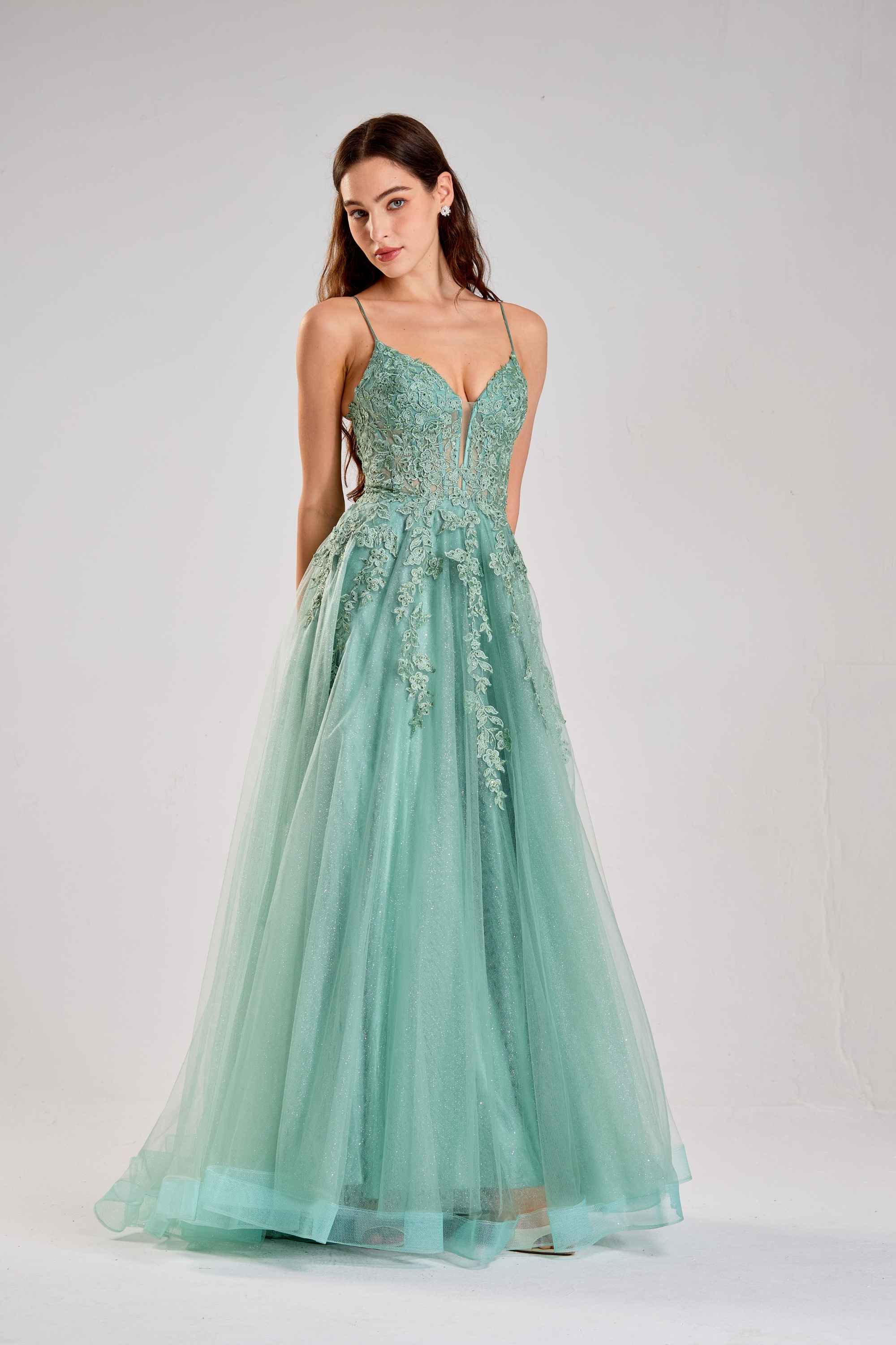 Joy Sage Green Floral Applique Tulle Ballgown - Jessica Stuart Joy Sage Green Floral Applique Tulle Ballgown - Jessica Stuart