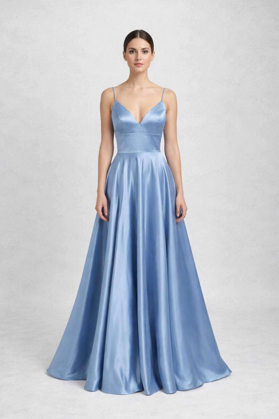 AVA Open Back Dusty Blue Prom Dress - Pockets, V-neck AVA Open Back Dusty Blue Prom Dress - Pockets, V-neck
