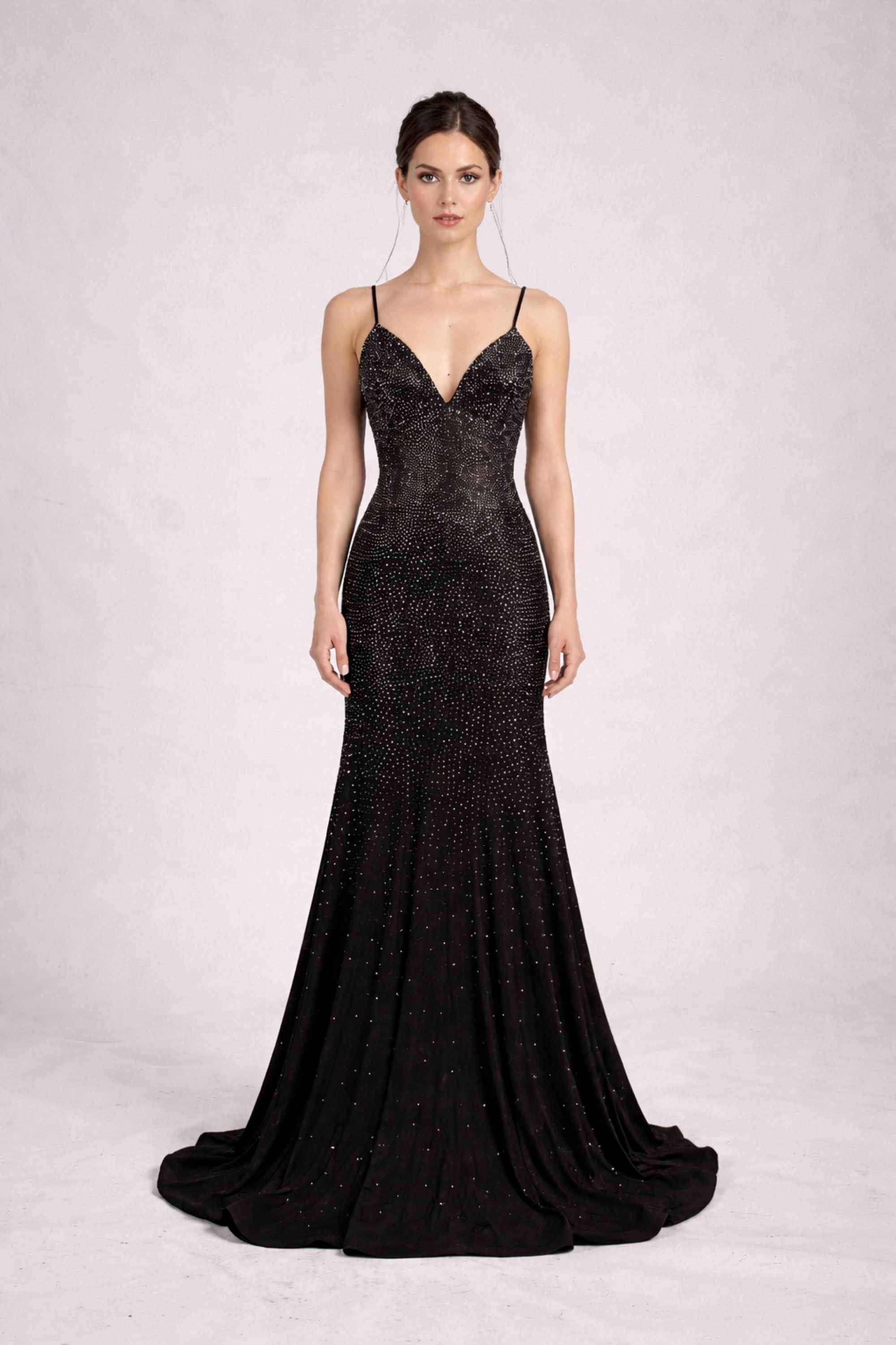 black bling prom dress Couture Rhinestone Embellished V-Neck Train Evening Party Prom Dress
