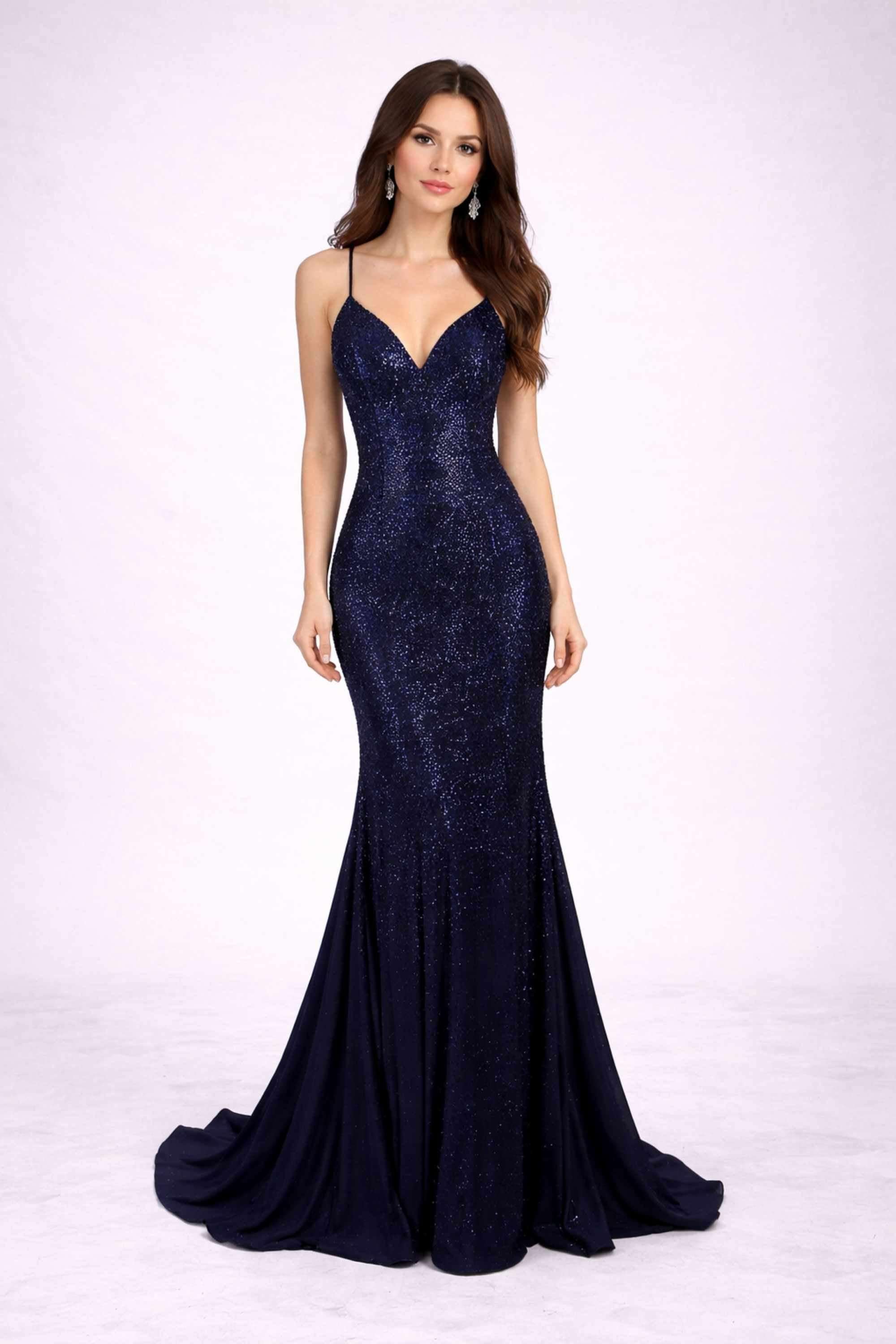Poppy - Navy Rhinestone Long Prom Dress - Jessica Stuart Poppy - Navy Rhinestone Long Prom Dress - Jessica Stuart