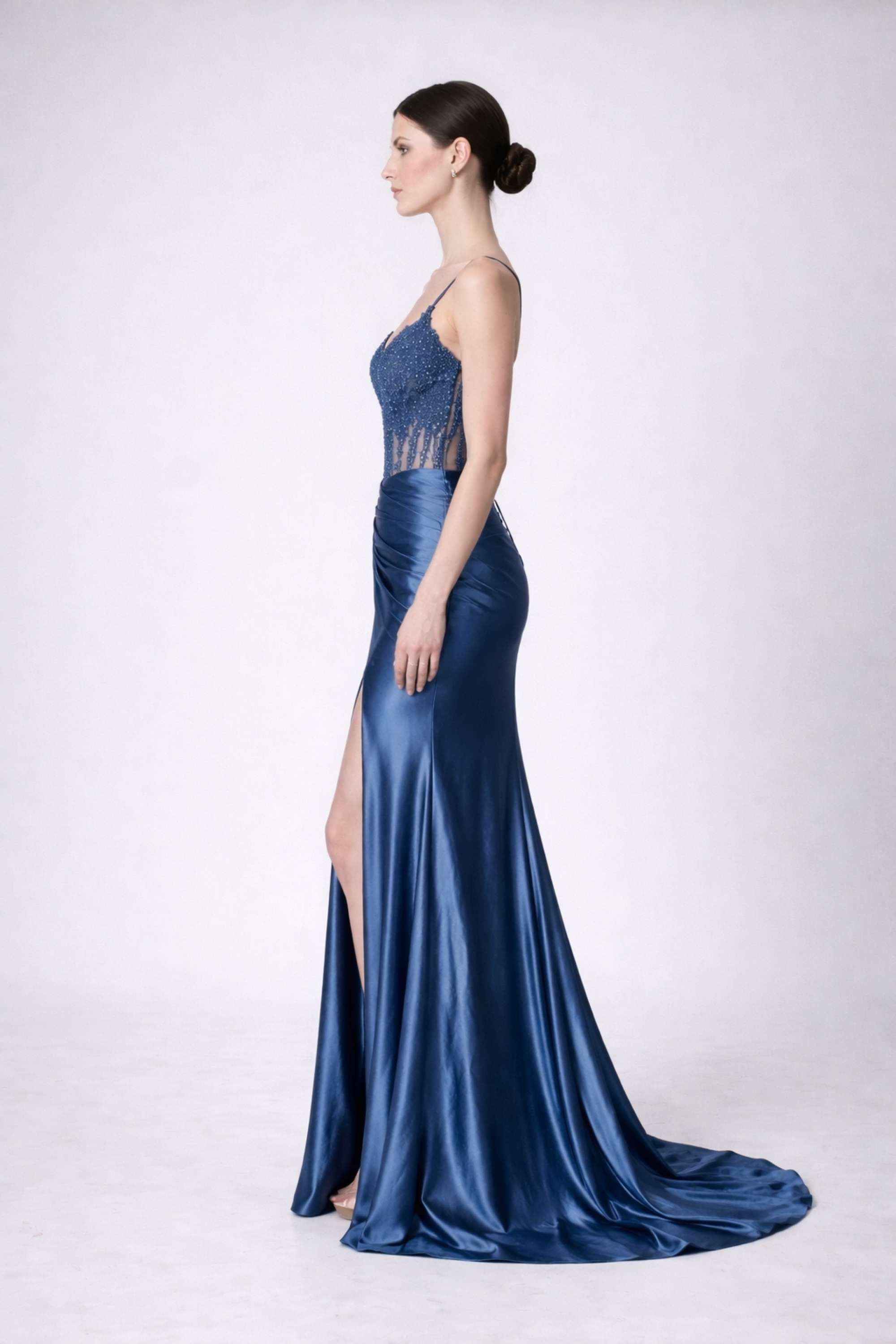 Jessica Stuart Satin Dress - Blake Dusty Corset | Tie Back, Leg Slit UK16 / Dusty Blue Jessica Stuart Satin Dress - Blake Dusty Corset | Tie Back, Leg Slit UK16 / Dusty Blue