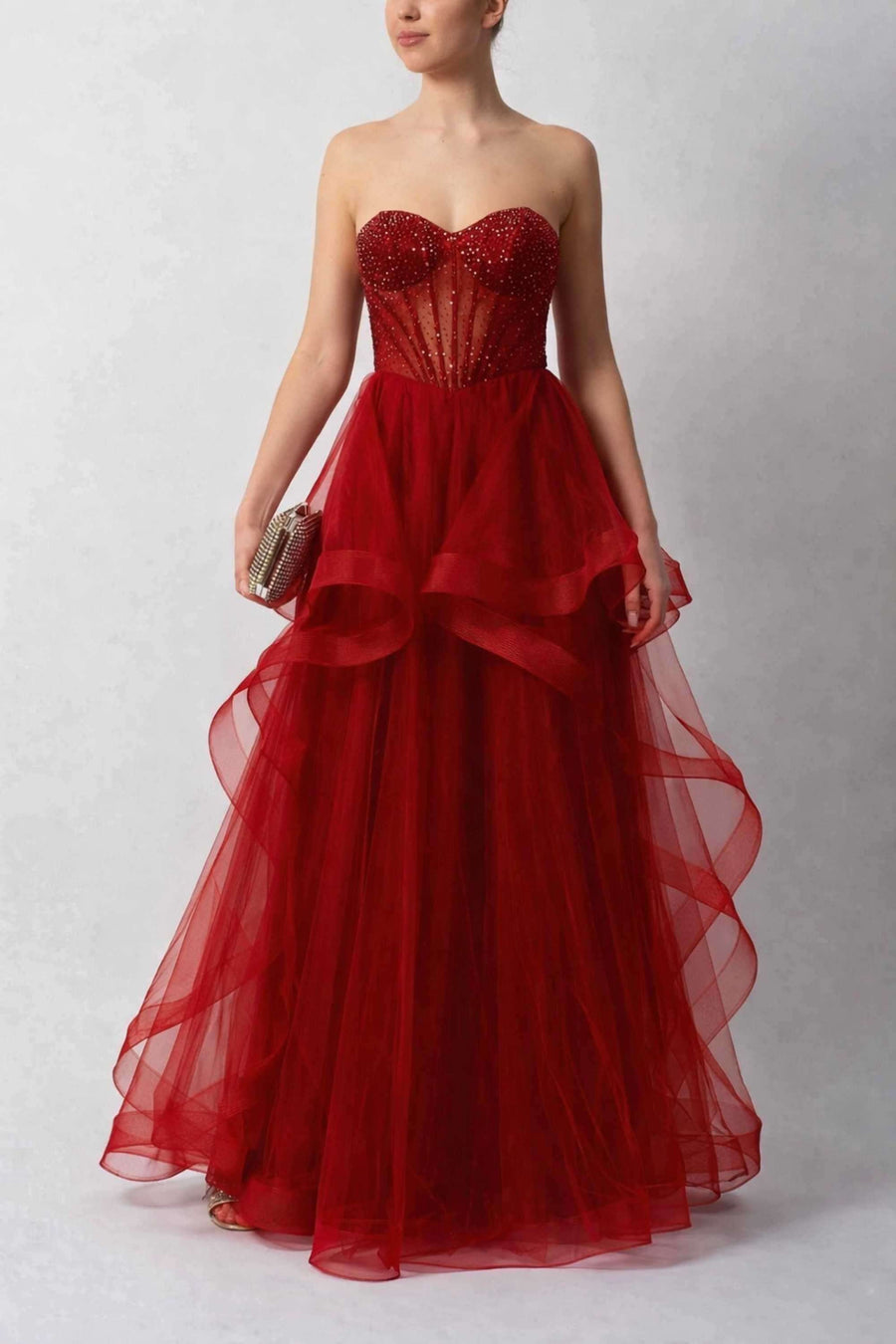 Mascara London MC29514 Strapless Red Tulle Prom Dress Mascara London MC29514 Strapless Red Tulle Prom Dress