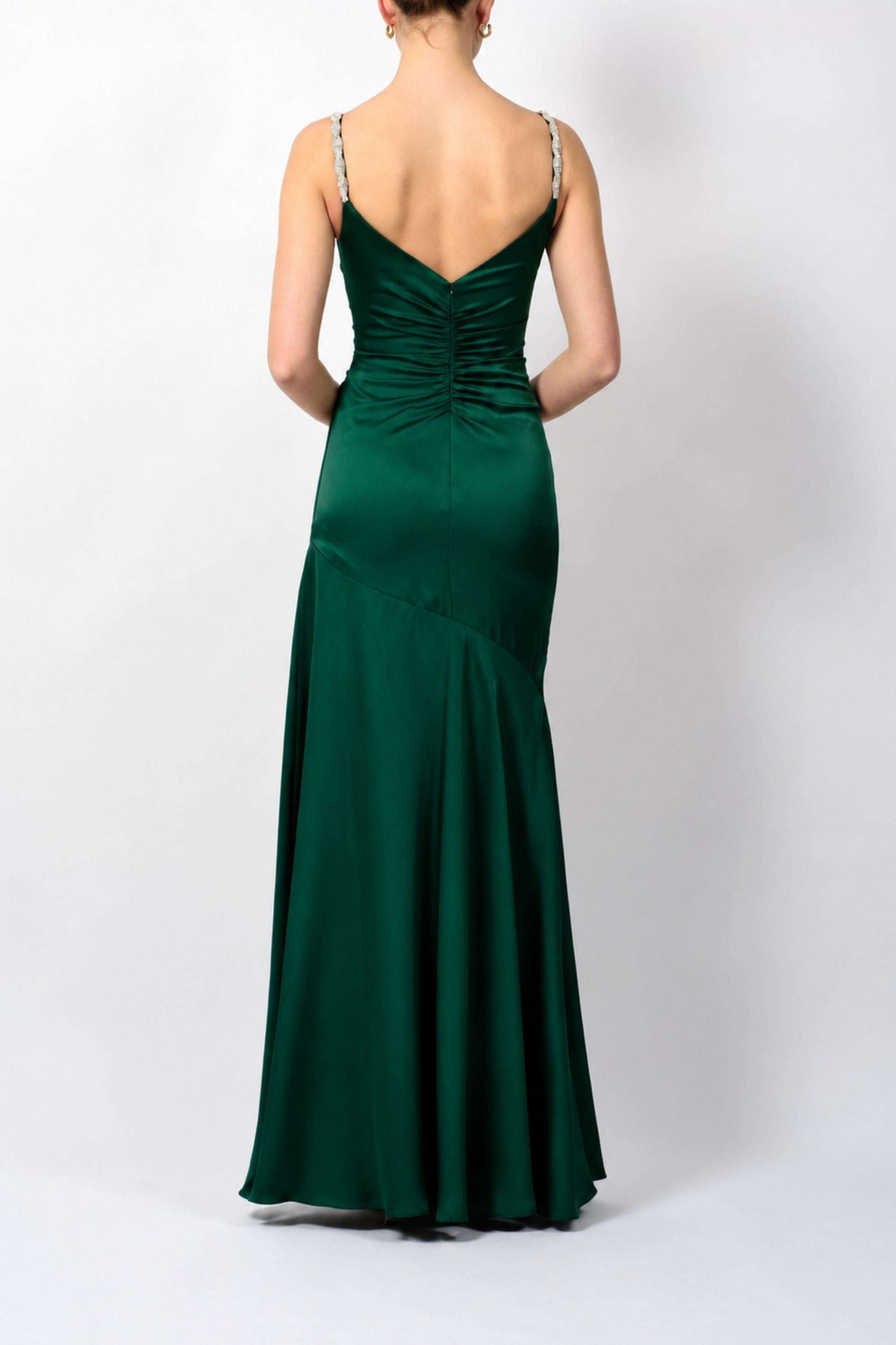 forest green silk prom dress Jewel Strap Satin long-sleeve-adult