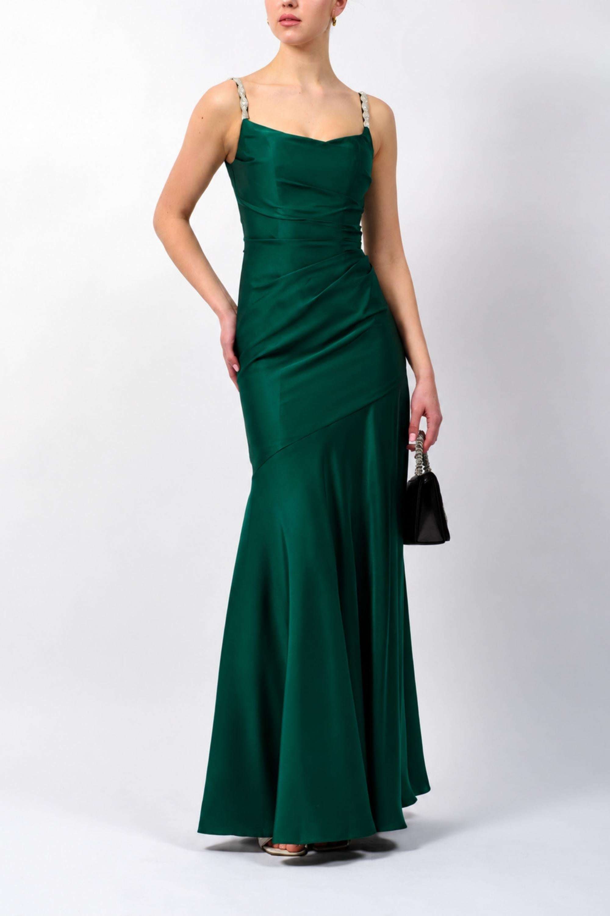 green jewel dress Forest Strap Satin Prom emerald green color