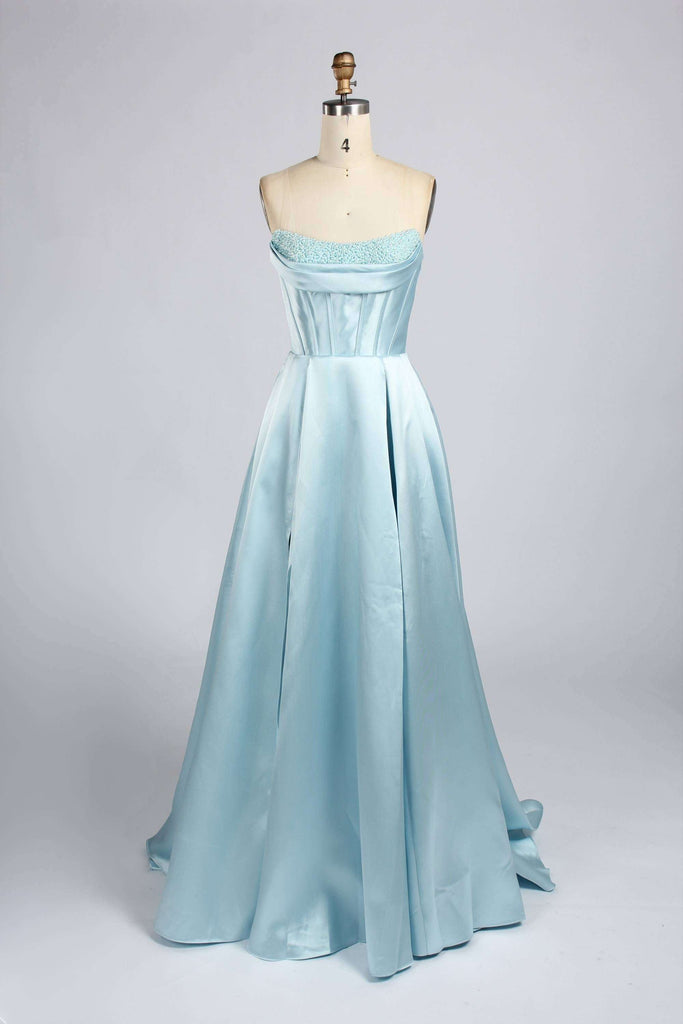 Jessica Stuart Light Blue Pearl Strapless Evening Gown 33219B with satin finish and pleated A-line skirt, perfect for prom or red carpet events.