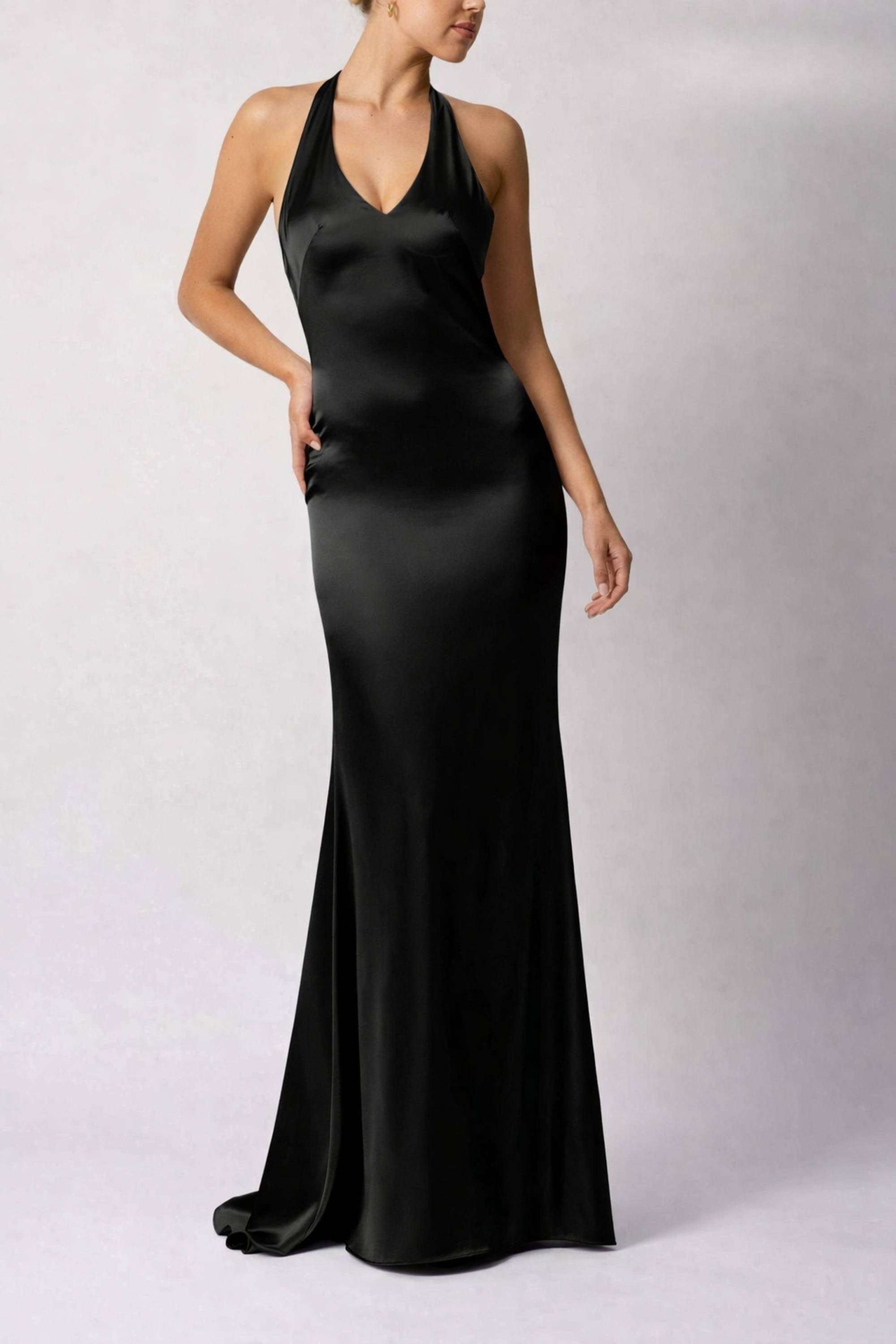 Mascara MC19527 - Black Tie Back Satin Dress | Halter neckline Mascara MC19527 - Black Tie Back Satin Dress | Halter neckline