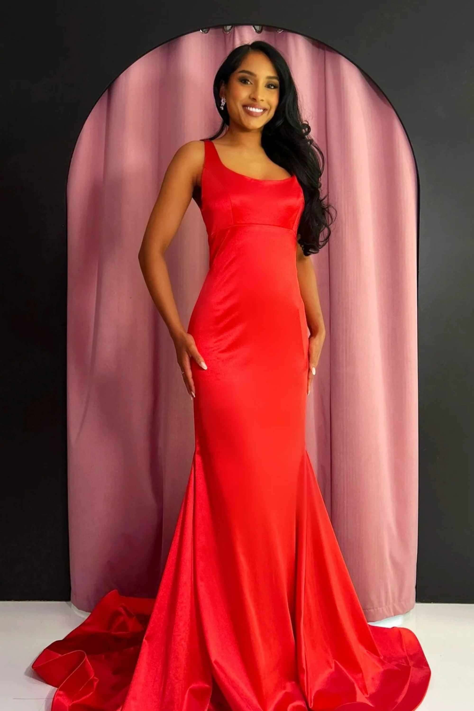 TNQ914 Red Satin Gown - Fitted Evening Gown