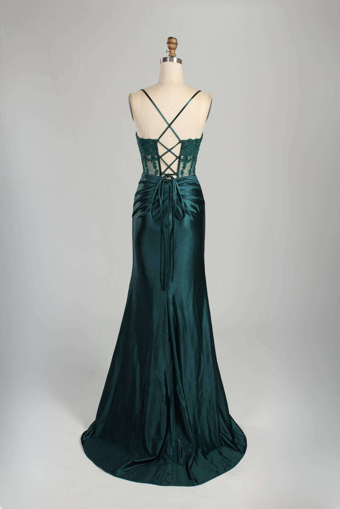 Back view of Blake Dark Teal Satin Prom Dress by Jessica Stuart showcasing lace-up corset back and ruched satin train. Elegant choice for formal occasions.