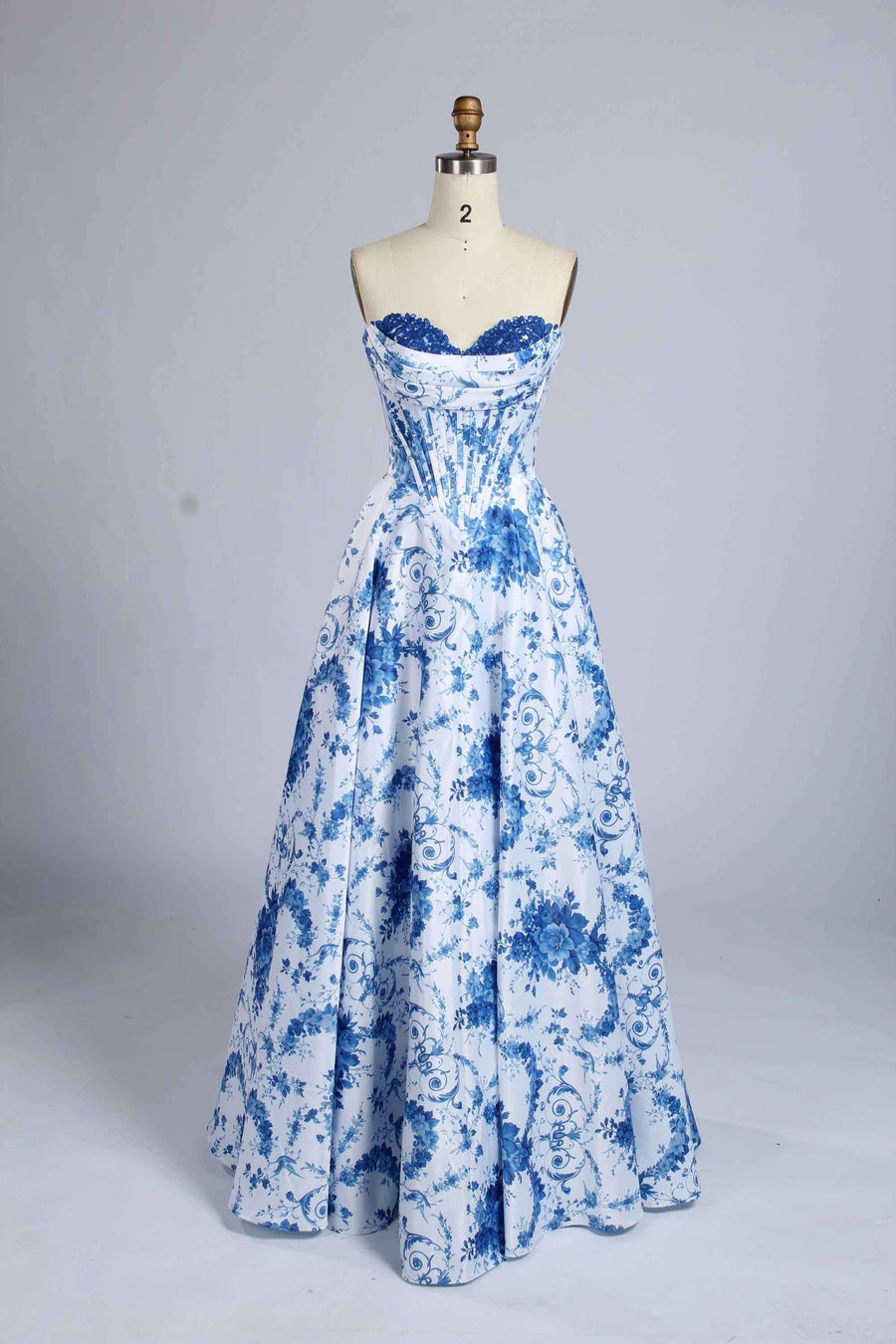 white prom dress with blue flowers Lilly Blue-White Satin Prom Gown by Jessica Stuart