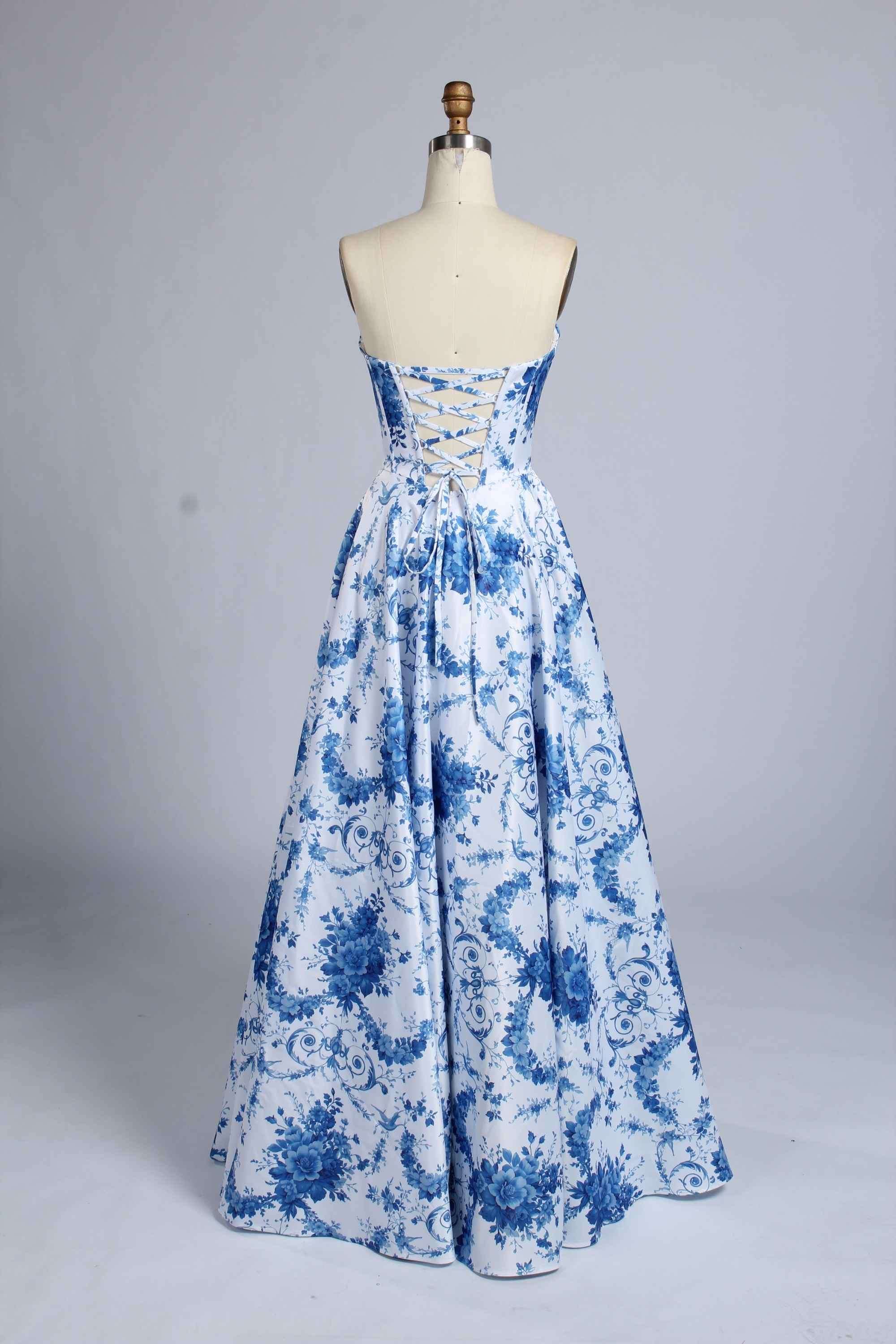 blue and white prom dress Lilly Blue-White Satin Prom Gown by Jessica Stuart
