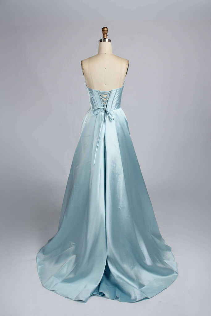Back view of Jessica Stuart Light Blue Pearl Strapless Evening Gown 33219B featuring lace-up corset and flowing satin train for elegant occasions.