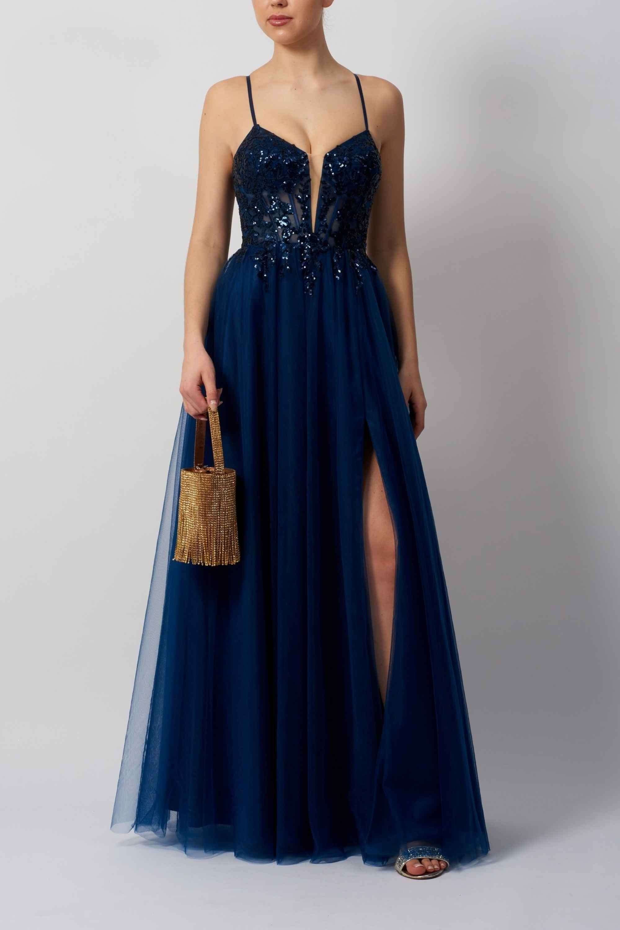 mascara navy prom dress Mascara London Navy MC11926 Floral Tulle Prom dress Size: UK 4 (US 0)
