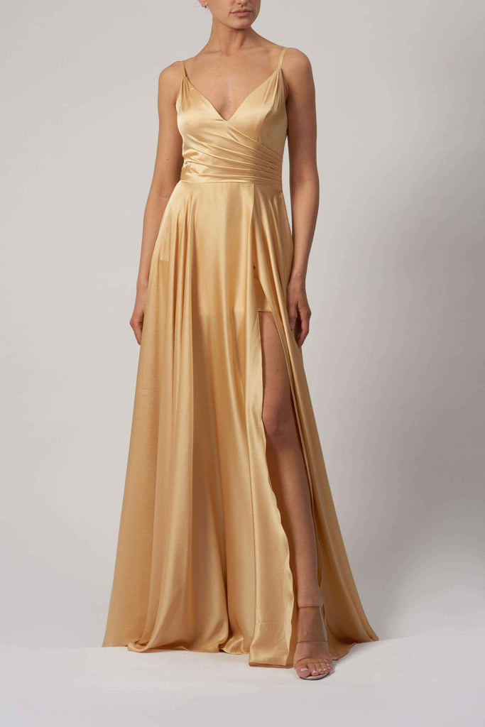Mascara London Gold Satin Dress MC220123 with V-neckline, A-line silhouette, and thigh-high slit, ideal for prom or evening events.