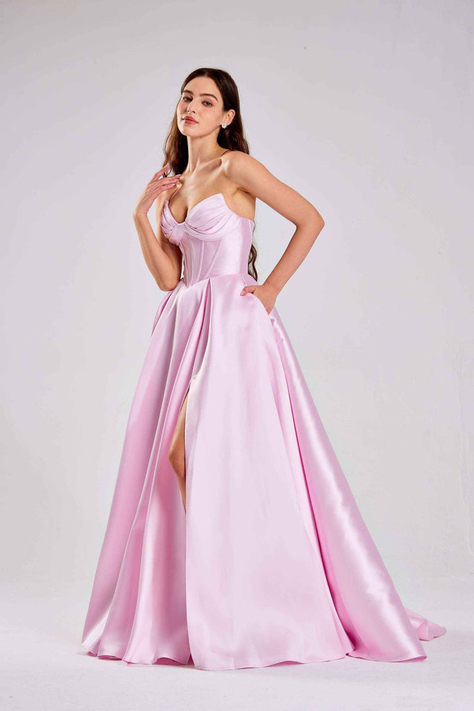 Jessica Stuart Dress - Pink Satin Prom | Strapless, Corset gown with thigh-high slit and pleated skirt, perfect for prom or red carpet events.