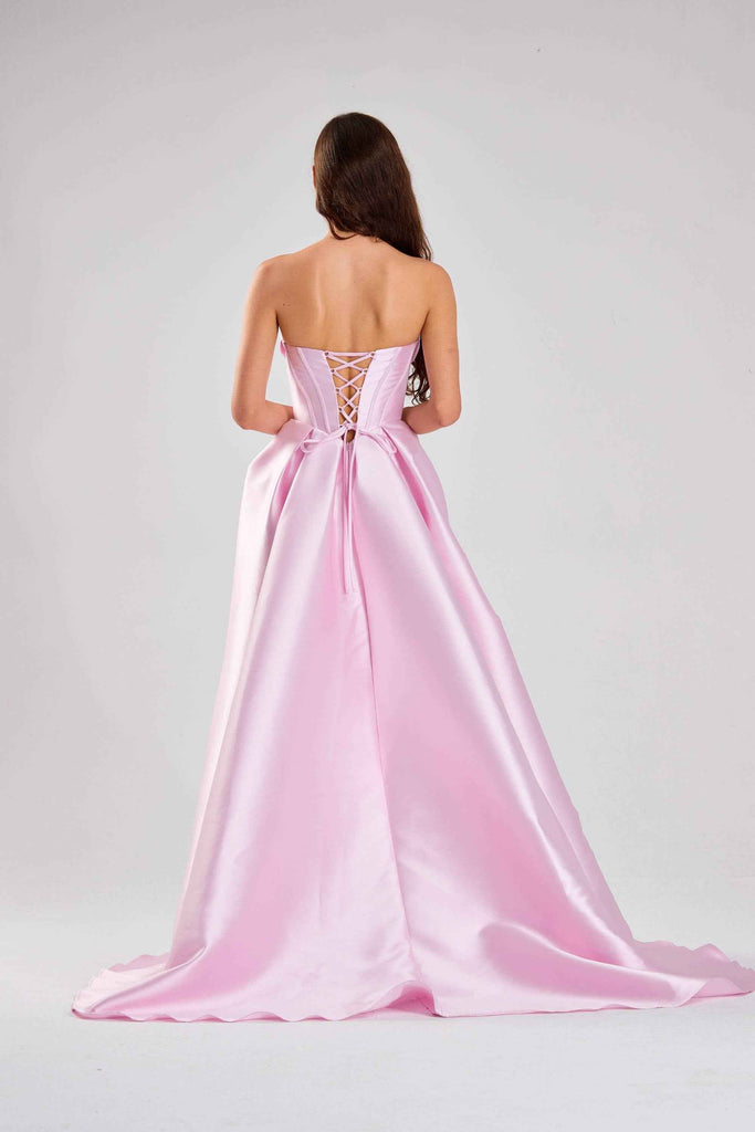 Back view of Jessica Stuart Dress - Pink Satin Prom | Strapless, Corset with lace-up back and flowing satin train, ideal for formal occasions.
