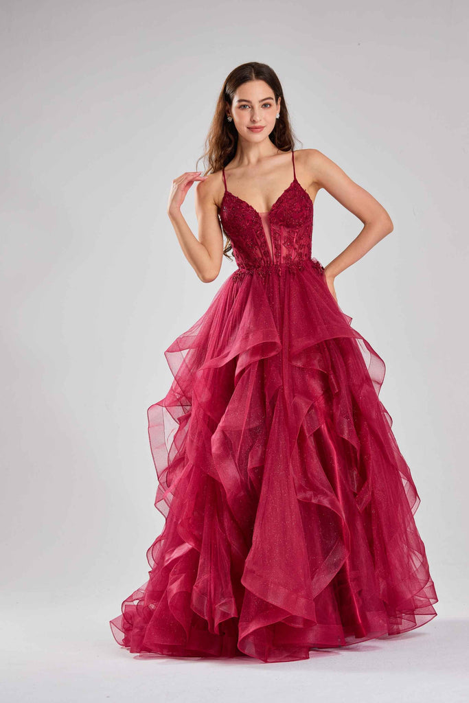 Jessica Stuart Ruby Ruffle Tulle Ball Gown with plunging neckline, embellished bodice, and layered tulle skirt for prom or red carpet events.