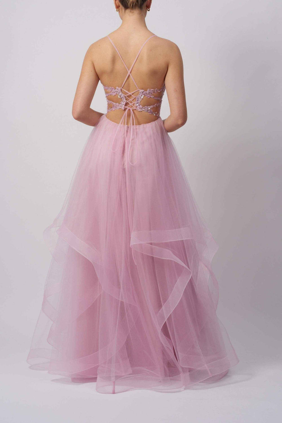 Back view of Mascara MC11341 Pink Dress - Evening Gown with lace-up straps, floral lace bodice, and layered tulle skirt for prom or red carpet.