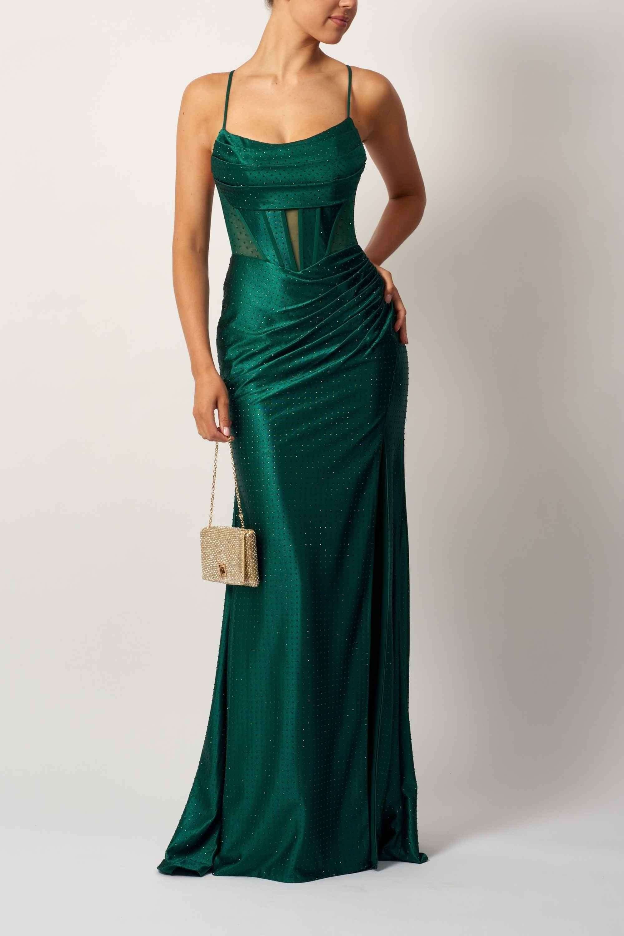 Mascara MC113511 Pleated Tie Back Forest Green Satin Dress Mascara MC113511 Pleated Tie Back Forest Green Satin Dress