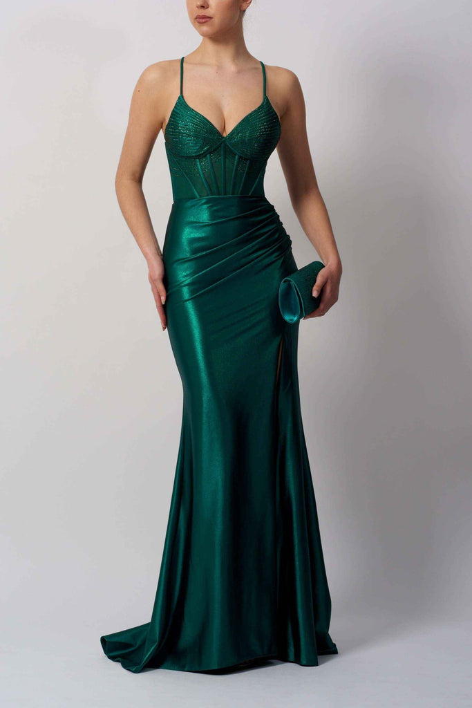 Beaded Forest Green Gown by Mascara London featuring a fitted stretch jersey silhouette, ruched waist, and embellished bodice for evening wear.