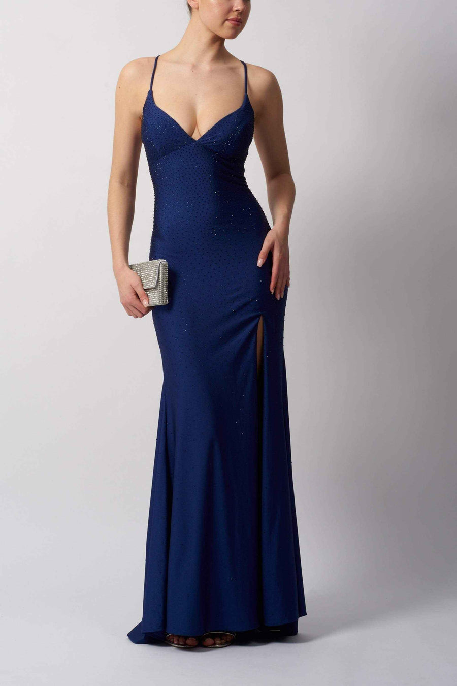Navy Blue Fitted Prom Dress - Mascara MC11448 | V-Neck, Open Back Navy Blue Fitted Prom Dress - Mascara MC11448 | V-Neck, Open Back