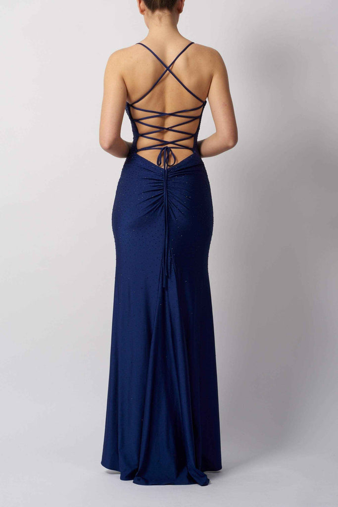Back view of Navy Blue Fitted Prom Dress - Mascara MC11448 featuring open back with lace-up detail and ruched design for a flattering silhouette.