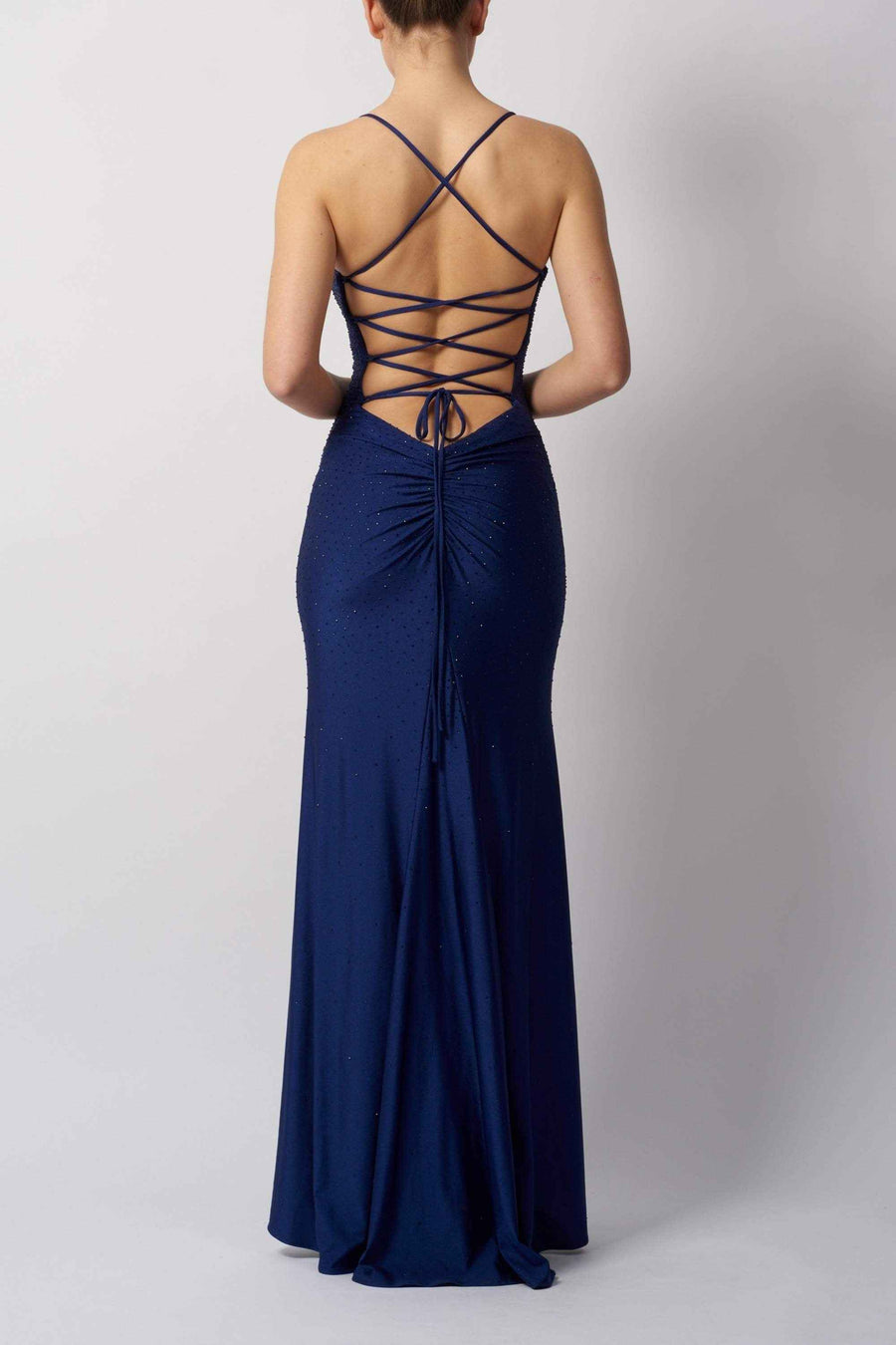 Navy Blue Fitted Prom Dress - Mascara MC11448 | V-Neck, Open Back Navy Blue Fitted Prom Dress - Mascara MC11448 | V-Neck, Open Back