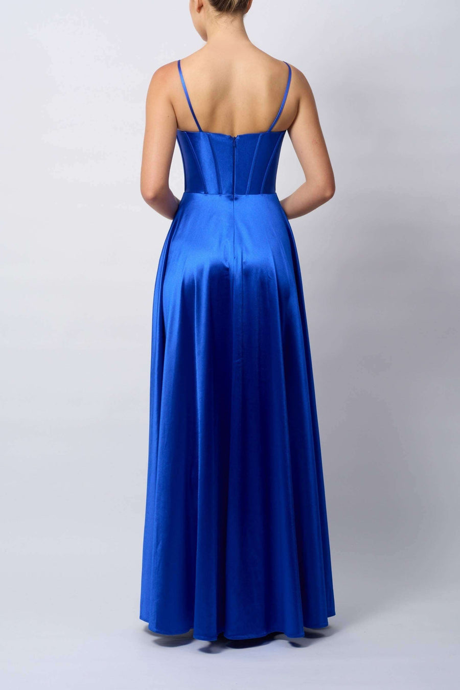 Back view of Mascara MC12429 Royal Blue A-Line Prom Dress featuring satin fabric, spaghetti straps, and concealed zipper closure.