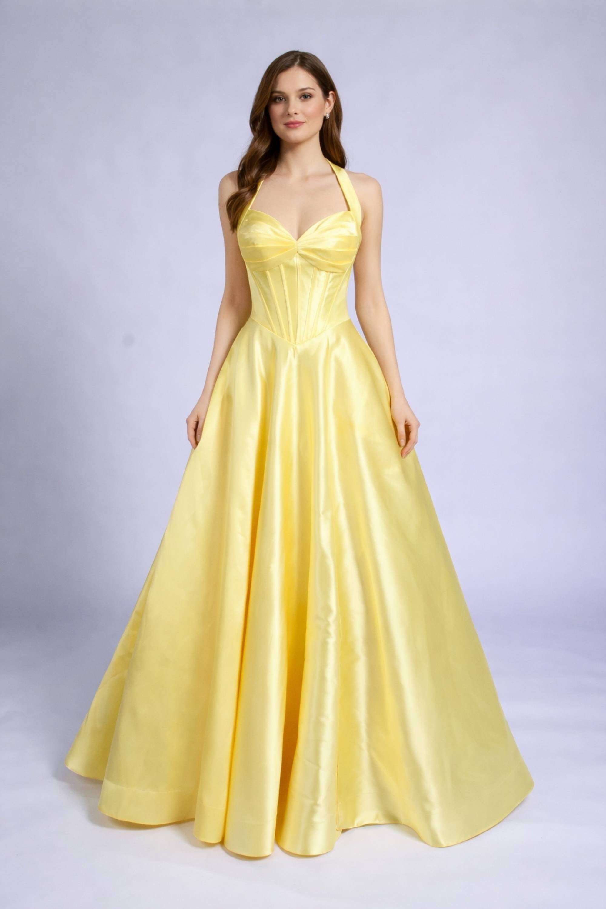 strapless open back dress Jessica Stuart Bonnie Yellow Mikado Prom Ballgown