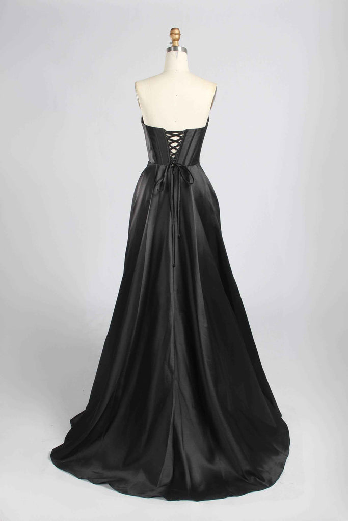 Back view of Jessica Stuart Black Pearl Gown showcasing lace-up corset closure and elegant satin train, perfect for galas or red carpet.