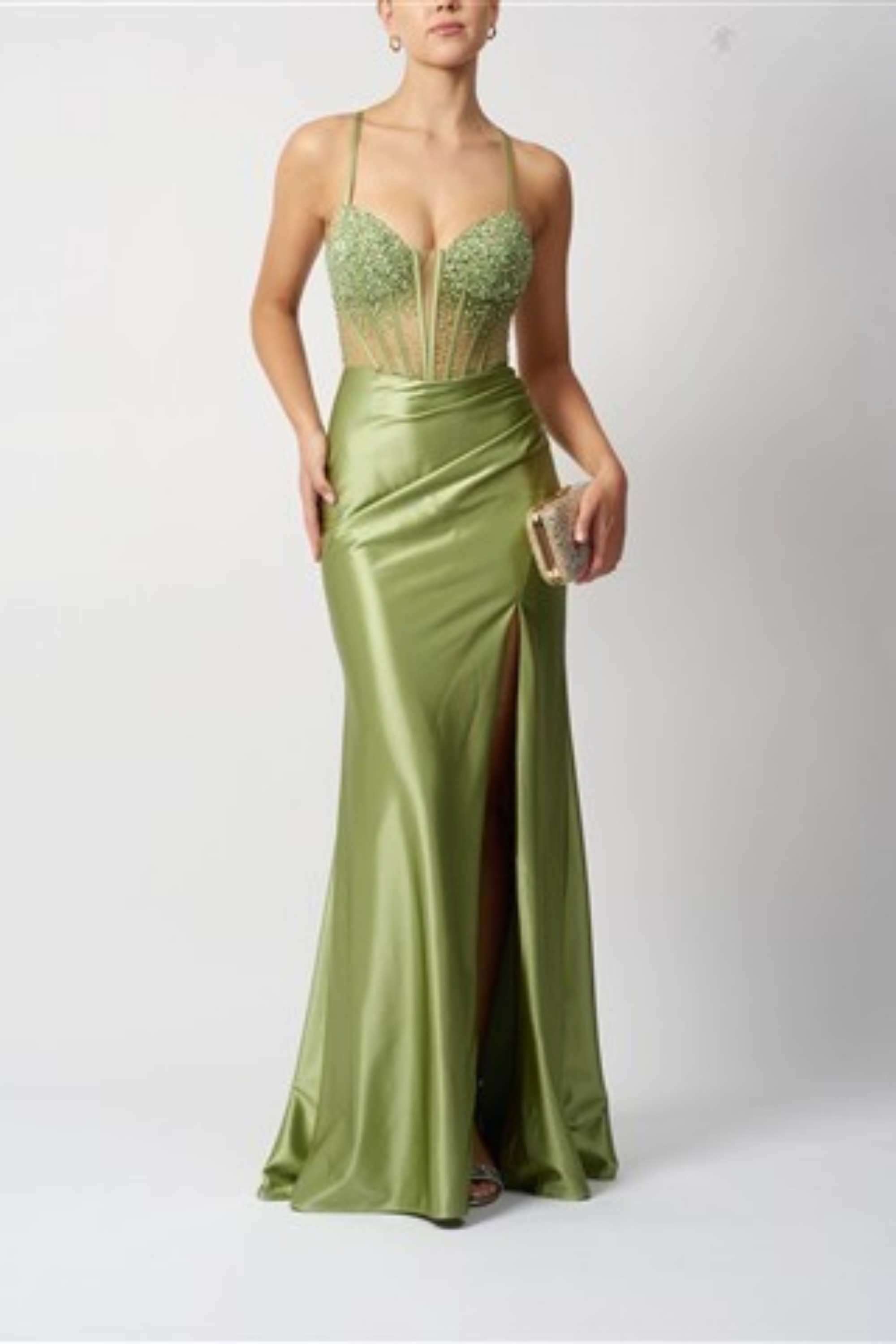 mascara green prom dress MC124424 Olive Tie Back lacquered_dresser