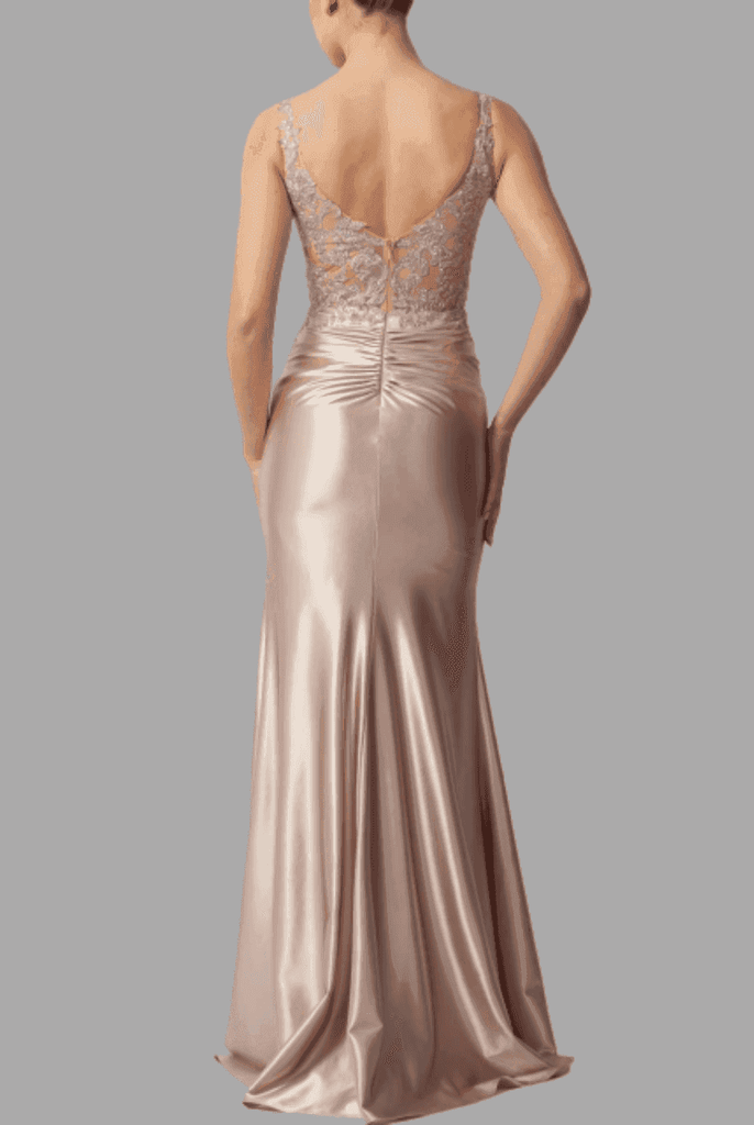 Back view of Mascara Champagne Jersey Dress MC114411 featuring deep V-back and shimmering satin finish, perfect for formal events.