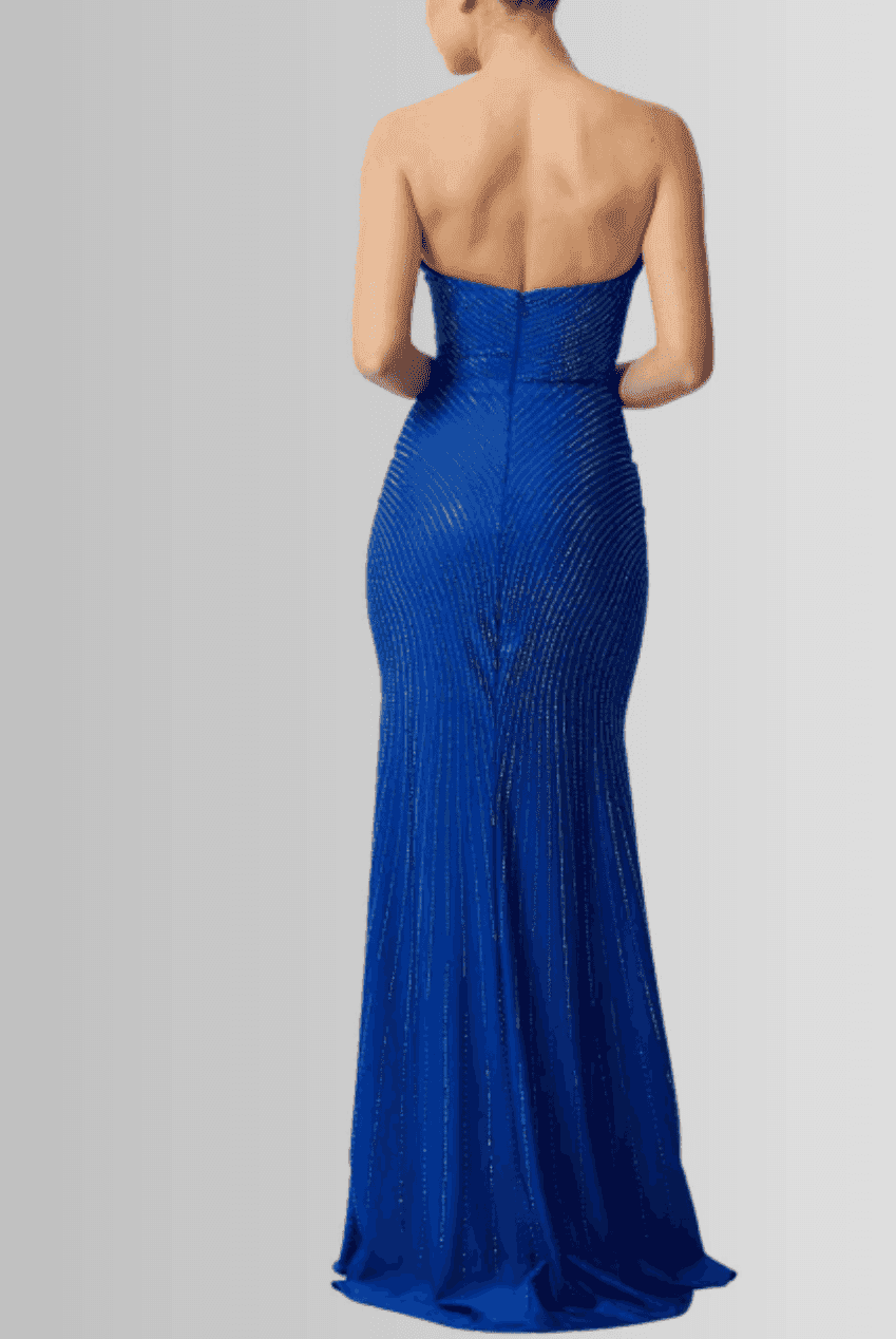 Back view of Sunray Diamond Jersey Dress by Mascara featuring shimmering pleated detailing and elegant floor-length design for formal occasions.