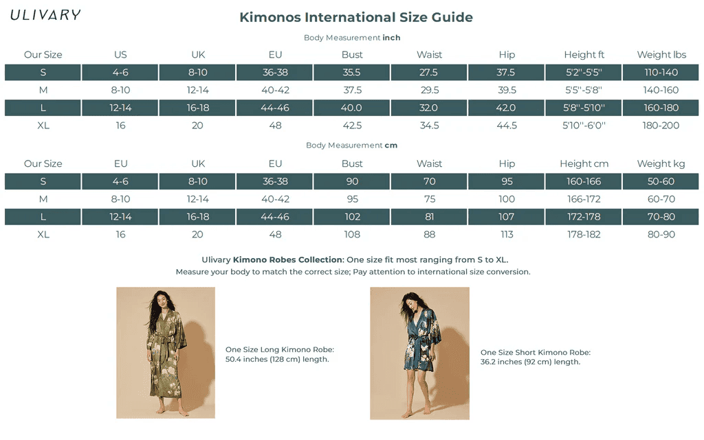 Kimono size guide chart for Ulivary robes, detailing international sizing and fit for long and short styles.