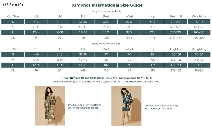 Kimono size guide chart for Ulivary robes, detailing international sizing and fit for long and short styles.