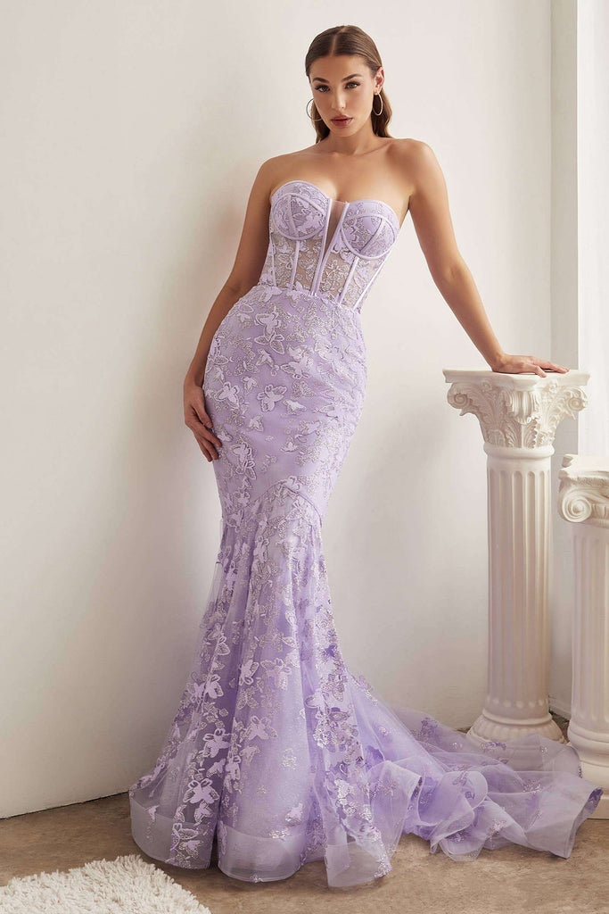 LaDivine Butterfly Print Mermaid Gown in lavender with structured bodice and flared hem, designed for prom, weddings, or evening occasions.