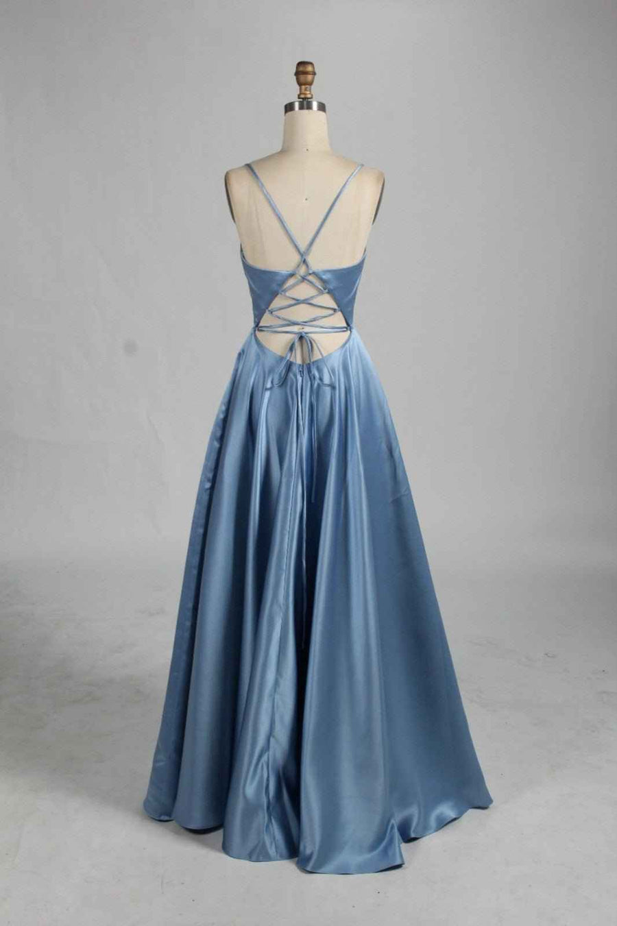 AVA Open Back Dusty Blue Prom Dress - Pockets, V-neck AVA Open Back Dusty Blue Prom Dress - Pockets, V-neck