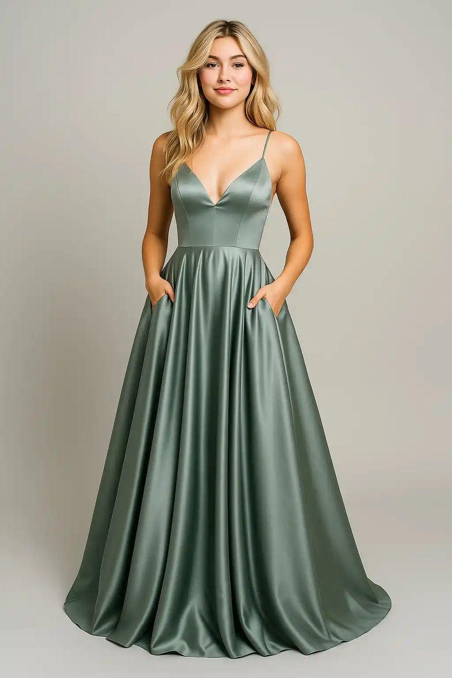 model in lightsage green satin ballgown