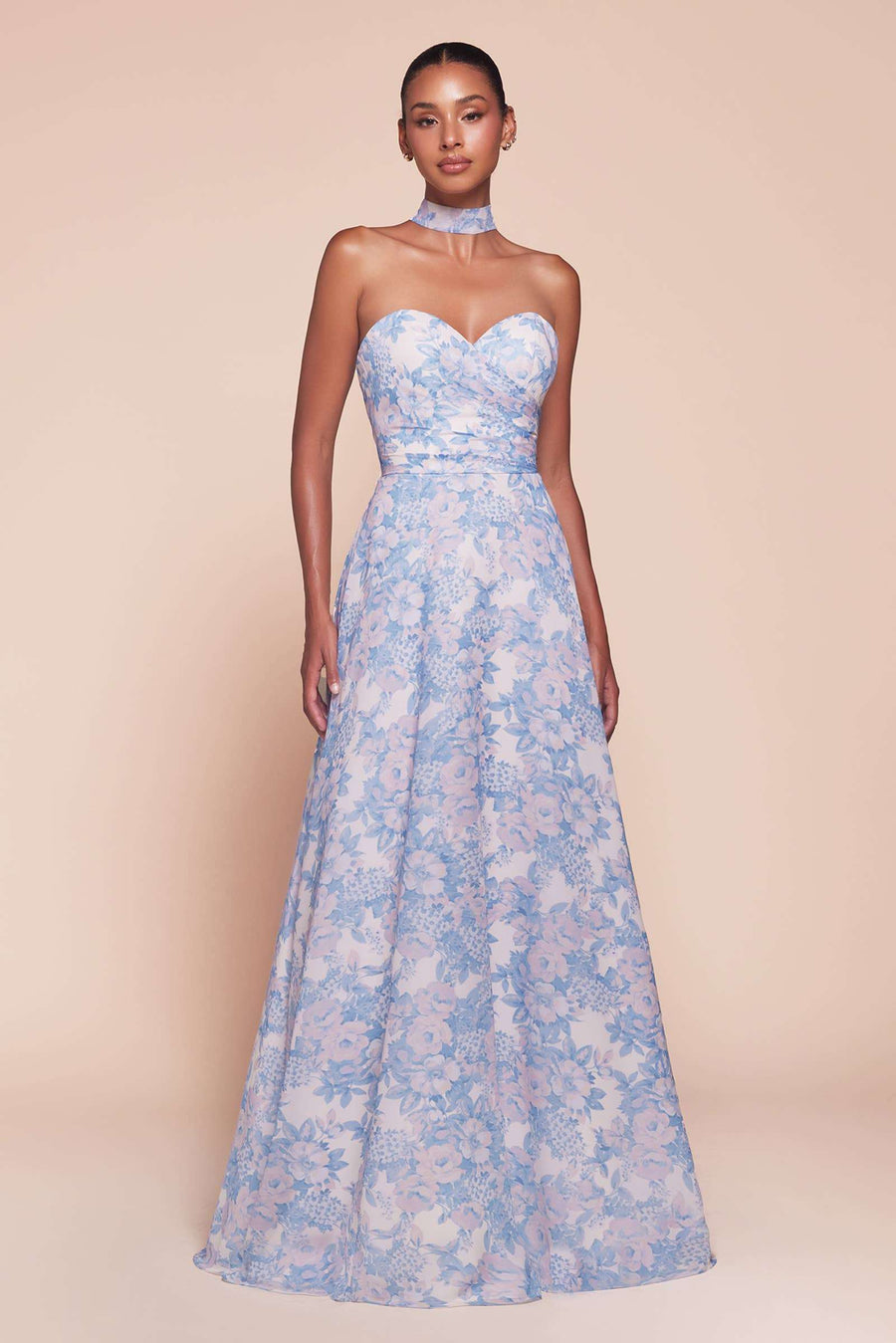 Front view of blue Floral Chiffon Strapless Dress with sweetheart neckline and matching choker, elegant for wedding guest attire.