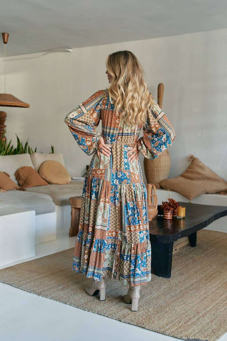 Teresa Maxi Dress - Izabelle Print in bohemian brown and blue patchwork, flowy rayon fabric, perfect for summer style and beach outings.