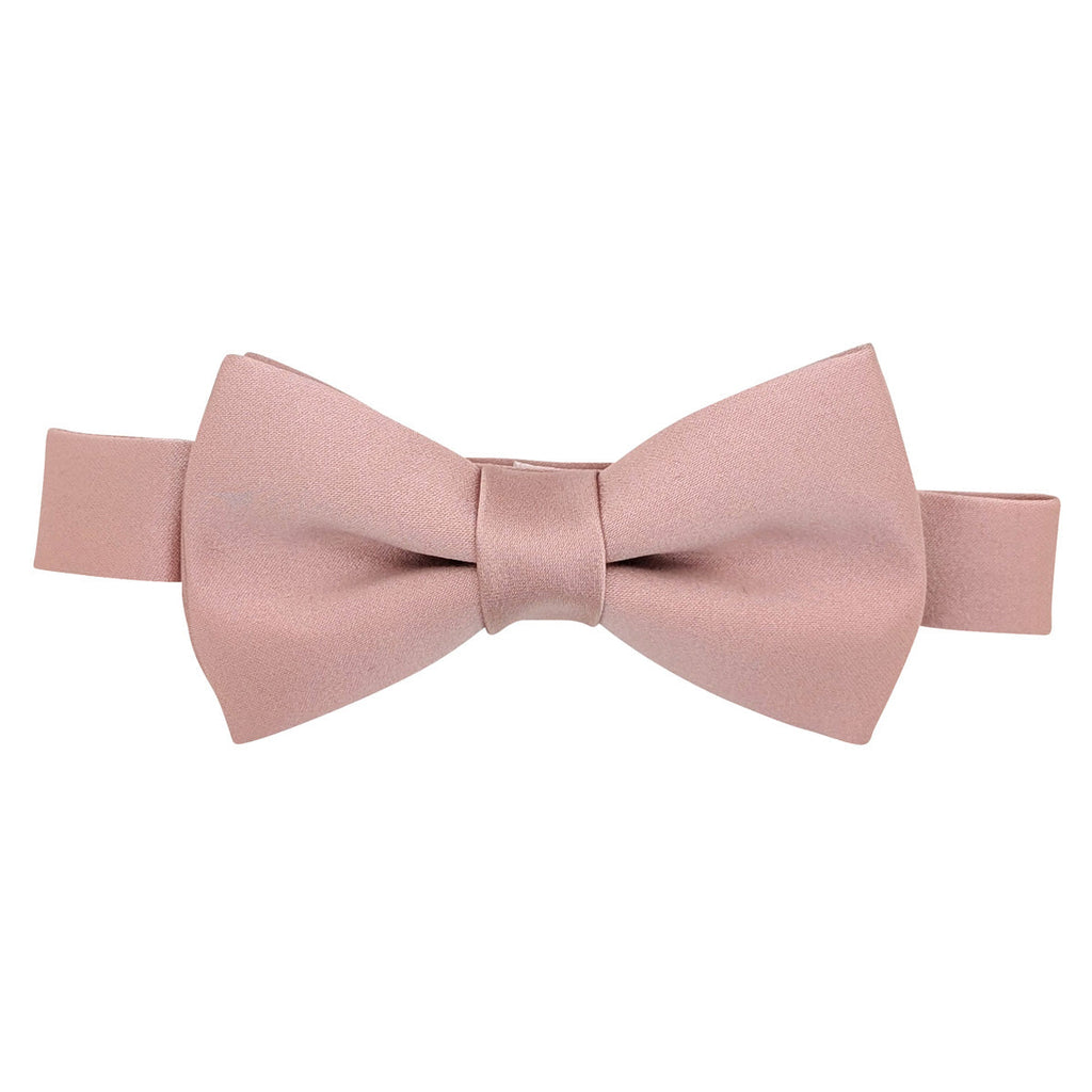 Suede pink boys bow tie in pre-tied style with adjustable neckstrap, ideal for weddings and formal events. Made from 100% polyester.