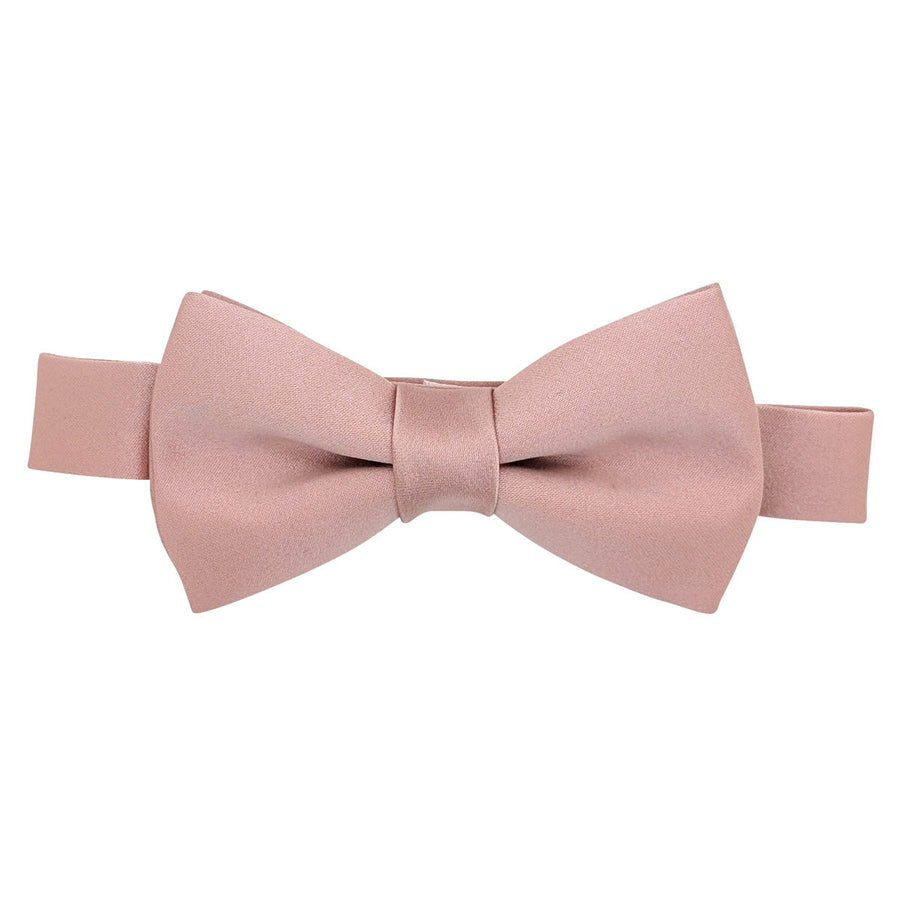 Suede pink boys bow tie in pre-tied style with adjustable neckstrap, ideal for weddings and formal events. Made from 100% polyester.