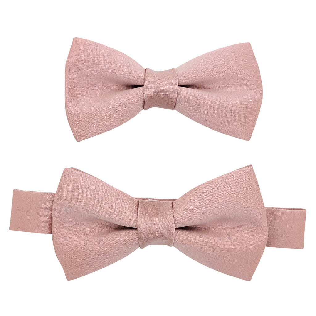 Set of two suede pink boys bow ties with adjustable and elastic neckstraps, perfect for ages 4 to 12. Pre-tied and made of polyester.