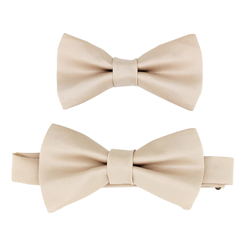 Set of two antique champagne boys bow ties, one with adjustable strap and one without. Ideal wedding accessories for children's formal outfits.