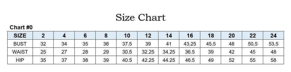 Size chart for Ladivine CD326 Strapless Satin Evening Gown, detailing bust, waist, and hip measurements from size 2 to 24.